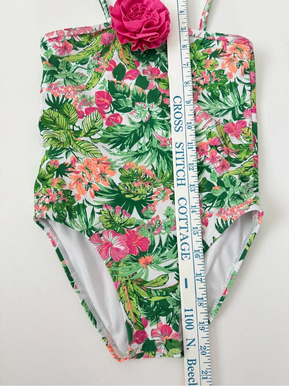 Janie and Jack Tropical Floral One Piece Swimsuit Girls Size 6 Pink Rosette
